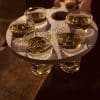 Shot glass serving tray holder for six glasses with handle