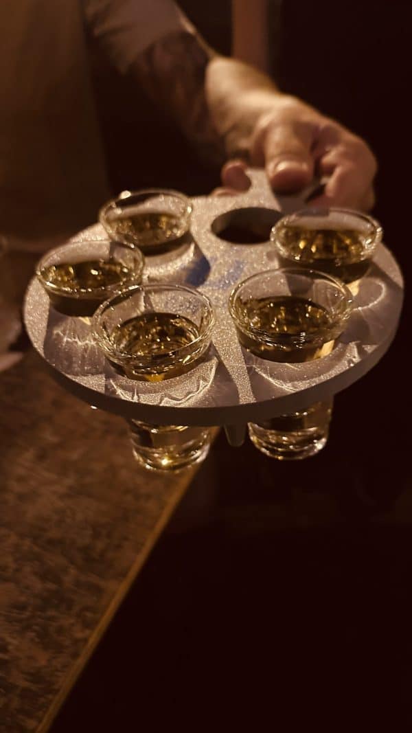 Shot glass serving tray holder for six glasses with handle