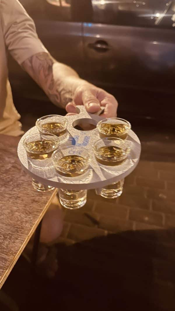 Shot glass serving tray holder for six glasses with handle
