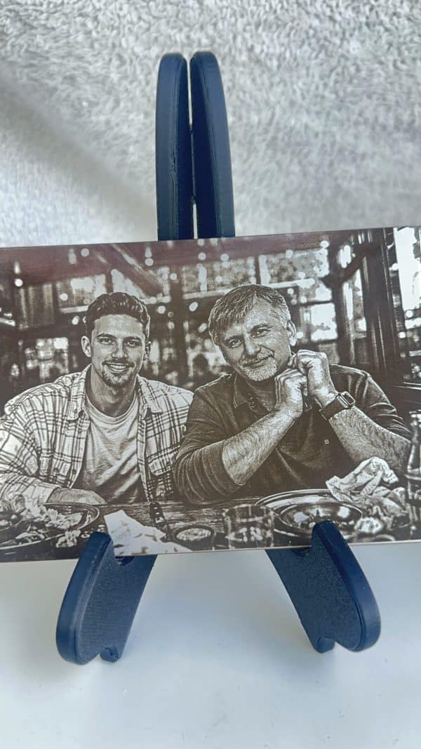 Custom laser engraved photo on stainless steel plaque, detailed metal art