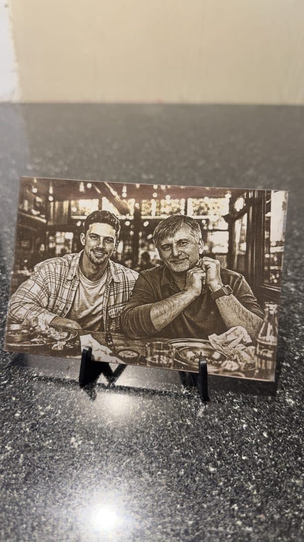 Premium laser engraved photo on stainless steel plaque with detailed finish