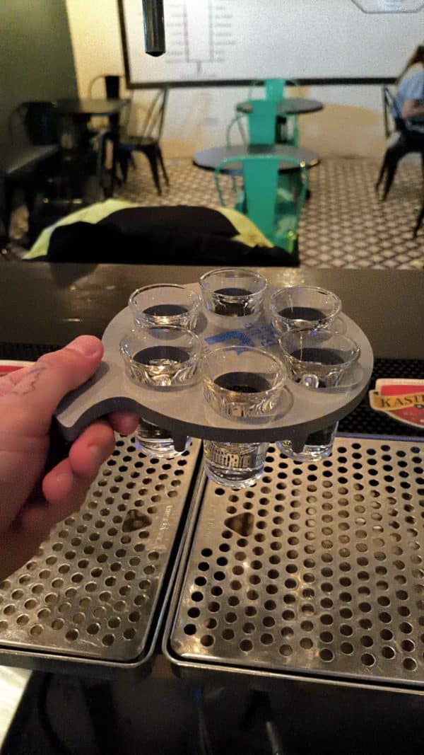 Shot glass holder tray with six glasses, serving stand