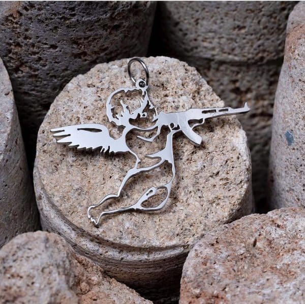 Silver angel pendant with Kalashnikov, unique handmade jewelry